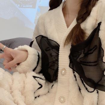 2022年新款小香風加厚珊瑚絨睡衣女秋冬季法蘭絨蝴蝶結家居服套裝