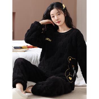 睡衣冬季女款珊瑚絨加肥加大碼胖mm法蘭絨秋冬天家居服可外穿黑色
