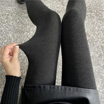 加絨加厚豎條紋連褲襪女秋冬季保暖顯瘦打底襪外穿純棉灰色打底褲