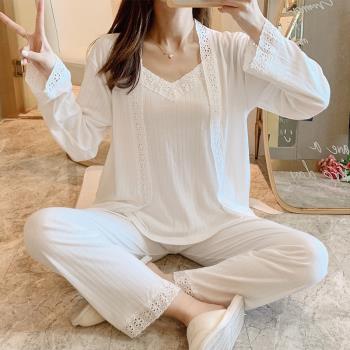 睡衣女春秋季三件套裝純棉長袖白色睡袍吊帶薄款可愛冬性感家居服
