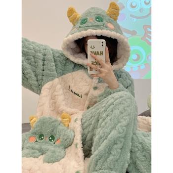 加厚珊瑚絨睡衣女春秋冬季2023年新款大毛怪法蘭絨家居服睡袍套裝