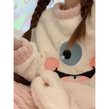 加厚珊瑚絨睡衣少女秋冬季2024年新款大眼怪法蘭絨休閑家居服套裝