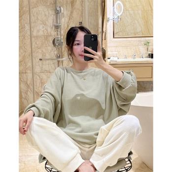 秋冬季長袖睡衣女加厚針織棉簡約家居服大碼胖mm200斤套裝可外穿