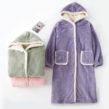 撞色北極絨連帽睡袍女士秋冬季加厚保暖珊瑚絨法蘭絨家居服睡衣