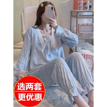 睡衣女秋冬季珊瑚絨2024新款加絨加厚法蘭絨套裝家居服方領藍色