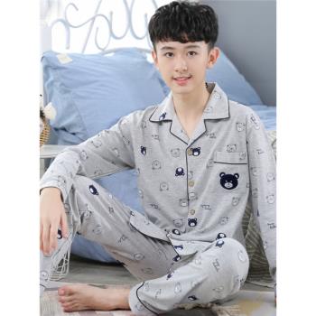 青少年純棉男孩春秋長袖睡衣初中生夏短袖空調服中大童全棉家居服