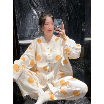日系V領開衫睡衣女春秋柔軟紗布棉甜美家居服大碼胖mm200斤套裝