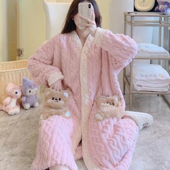 珊瑚絨睡袍女秋冬加厚加絨法蘭絨浴袍睡衣晨袍浴衣長款大碼200斤
