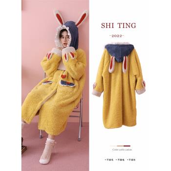 兔耳朵女珊瑚絨甜美可愛長款睡衣