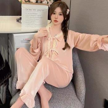 法式韓國絨睡衣女2023年秋冬新款甜美輕熟風金絲絨家居服ins套裝