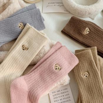 羊駝絨襪子女中筒襪秋冬季保暖ins潮百搭刺繡小熊堆堆襪韓版可愛