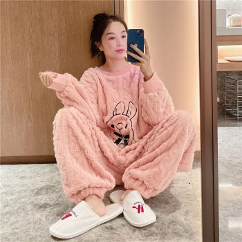 女長毛珊瑚絨胖mm保暖套裝睡衣