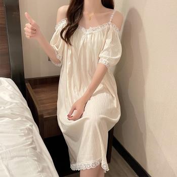夏天純欲風一字肩短袖睡裙女士2022年新款夏季純棉甜美高階感睡衣