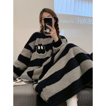 珊瑚絨睡裙女款秋冬季加厚加絨冬天長袖法蘭絨條紋睡衣毛絨家居服