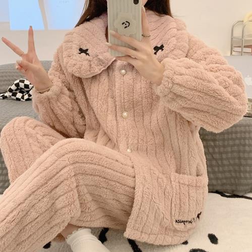 睡衣女冬季娃娃領蝴蝶結開衫法蘭絨公主風韓版寬松甜美家居服冬天