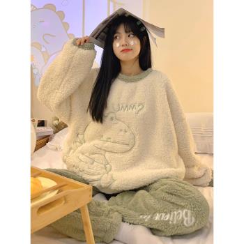秋冬季睡衣女珊瑚絨加厚可愛學生家居服可外穿法蘭絨寬松兩件套裝