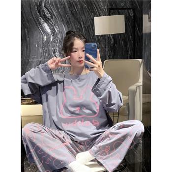 春秋長袖男女情侶睡衣甜美可愛卡通兔子家居服大碼胖mm200斤套裝