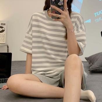 北極絨睡衣女夏季純棉短袖短褲套裝薄款女士網紅風條紋家居服夏天