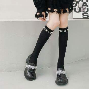 春秋黑白色珍珠襪子女中筒顯瘦小腿襪純棉長筒襪樂福鞋及膝小腿襪