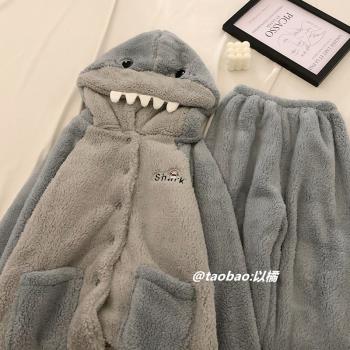 卡通鯊魚情侶睡衣男女秋冬季新款2022年加絨加厚長袖可外穿家居服