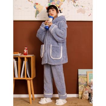 珊瑚絨睡衣女秋冬季加厚加絨法蘭絨網紅爆款可外穿冬天家居服鯊魚