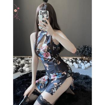 大碼200近性感偽娘連衣裙睡套裝開叉鏤空內衣女裝大佬古風旗袍