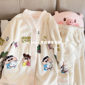 法蘭絨睡衣女款冬季新款加厚加絨學生可愛卡通開衫家居服兩件套裝