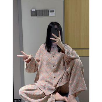 中國民族風長袖睡衣女秋棉紗小碎花印花家居服大碼胖mm200斤套裝