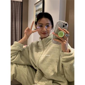 睡衣女秋冬季可外穿韓版加厚珊瑚絨加絨法蘭絨甜美休閑家居服套裝