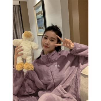 ins風珊瑚絨秋冬睡衣女加厚法蘭絨拉鏈休閑學生可外穿家居服套裝