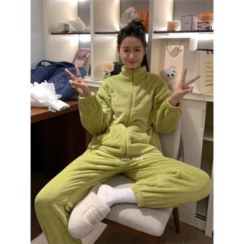 韓版秋冬季睡衣女加厚珊瑚絨法蘭絨簡約清新學生可外穿家居服套裝