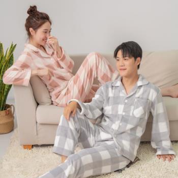 珊瑚絨女無印男款格紋起居服睡衣