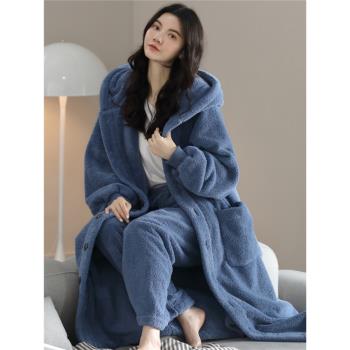 睡袍女秋冬季加厚加絨長款珊瑚絨睡衣加大碼可外穿出門家居服冬天