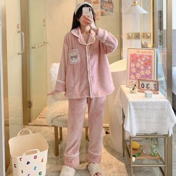 睡衣女秋冬季加厚珊瑚絨2024年新款開衫韓版可愛兔子法蘭絨兩件套