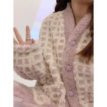珊瑚絨睡衣女加厚加絨秋冬季2023年新款休閑格子法蘭絨家居服套裝