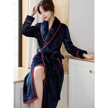 睡袍女冬長款新娘晨袍睡衣珊瑚絨浴袍女秋冬加厚加絨性感中長睡裙