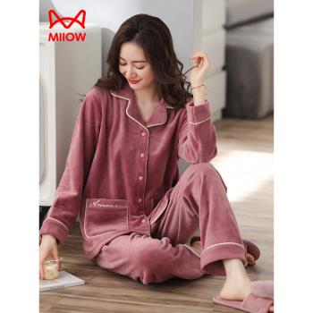 貓人睡衣女士春秋加厚珊瑚絨中年媽媽家居服法蘭絨秋冬海島絨套裝