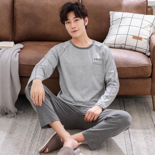 春秋季男士睡衣長袖純棉大碼寬松休閑青少年全棉冬季薄款男式套裝