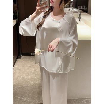 網紅中國古風睡衣女復古珍珠盤扣冰絲綢緞面性感新中式家居服套裝