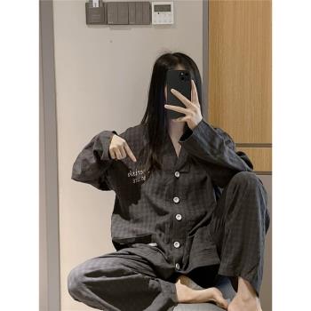 長袖V領開衫睡衣女春秋薄款純棉刺繡字母家居服大碼胖mm200斤套裝