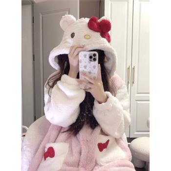 HelloKitty睡衣女冬季加絨加厚可愛凱蒂貓長款珊瑚絨睡袍連帽套裝