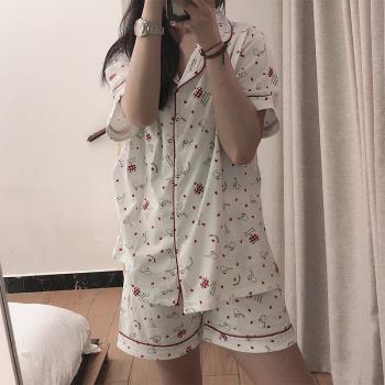 日系卡通貓咪夏季純棉少女睡衣薄款休閑韓風ins學生短袖短褲套裝
