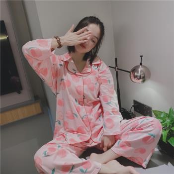 春秋季開衫睡衣女純棉甜美可愛桃子印花家居服大碼胖mm200斤套裝