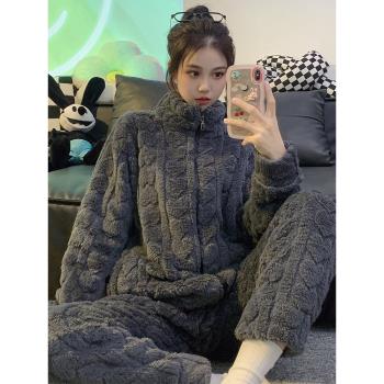 大碼睡衣女200斤冬季加厚珊瑚絨長袖套裝胖mm寬松冬天拉鏈可外穿