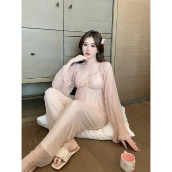 莫代爾女網紗長褲套裝蕾絲睡衣