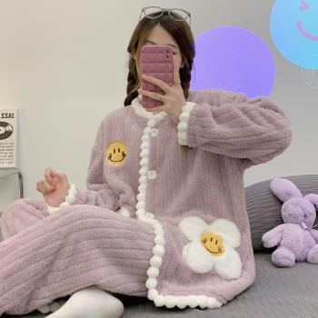可愛卡通睡衣女珊瑚絨秋冬季加厚2023年新款法蘭絨學生家居服套裝
