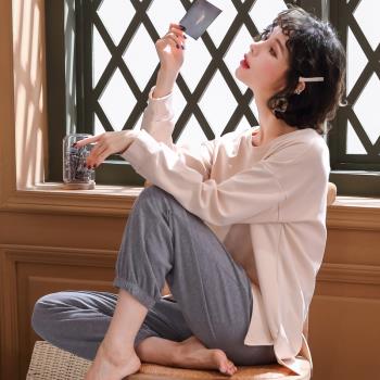 夏女純棉長袖套裝清新簡約睡衣