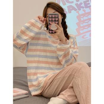 長袖睡衣女春秋冬季2023年新款純棉條紋甜美可外穿休閑套裝家居服