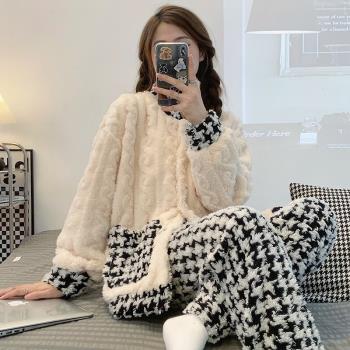 加厚睡衣女款珊瑚絨秋冬季2022年新款可外穿法蘭絨學生家居服套裝