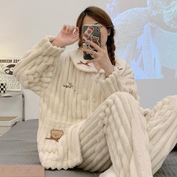 加厚睡衣女長袖法蘭絨保暖秋冬季2022年新款簡約珊瑚絨家居服套裝